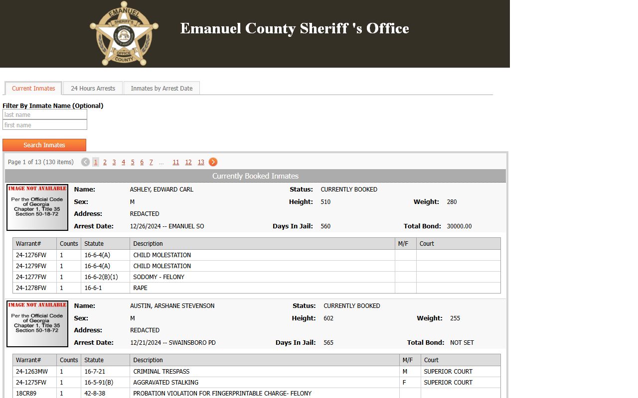 Emanuel County arrest records current inmate roster charge fields
