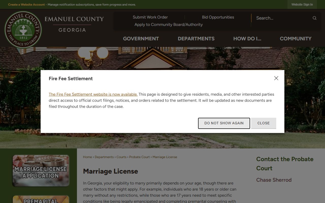 Emanuel County marriage records Probate Court marriage license requirements