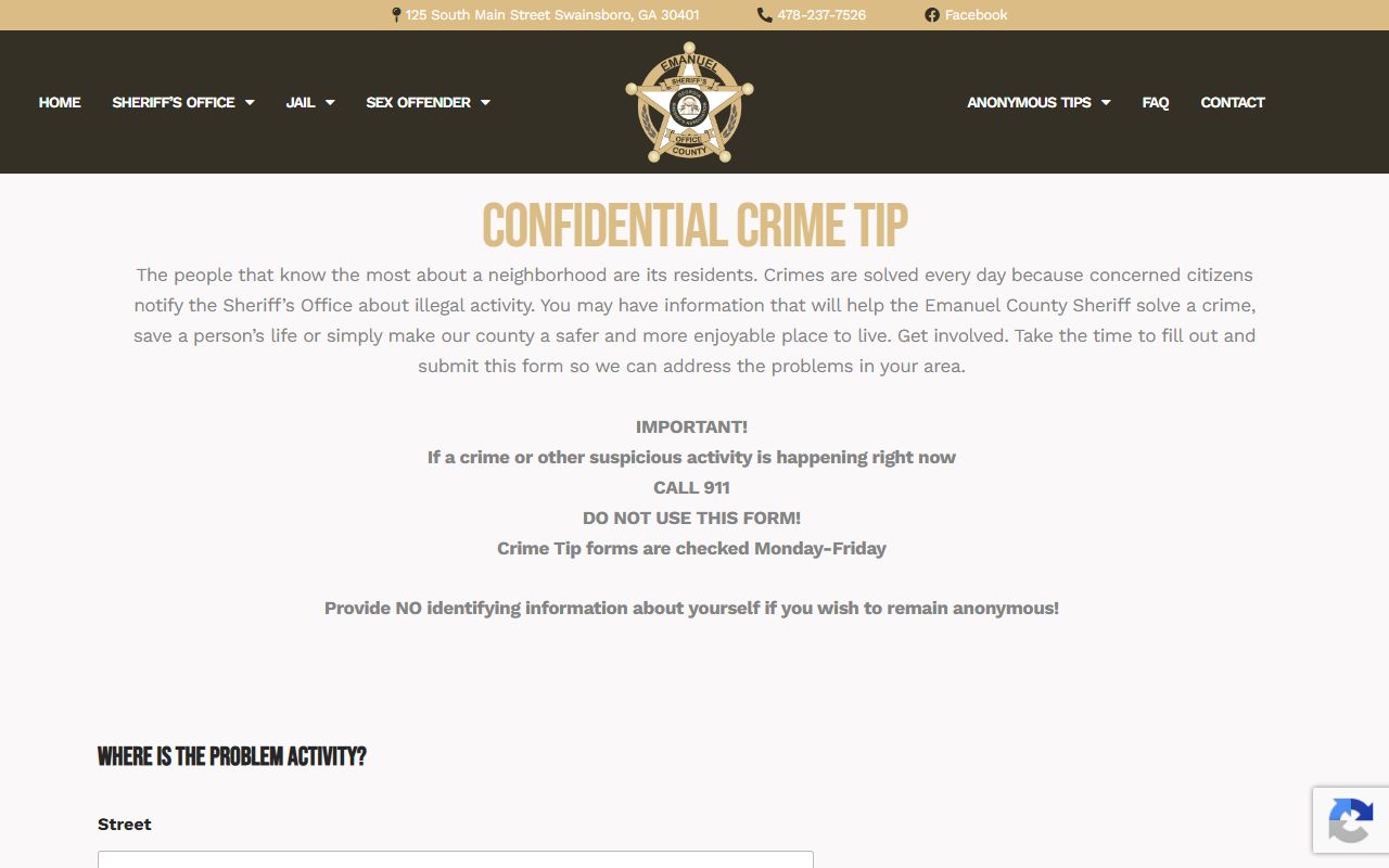 Emanuel County warrant search sheriff confidential crime tip form